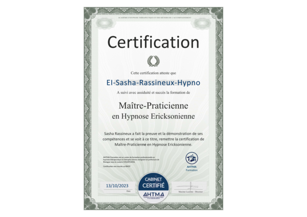 Sasha Rassineux - Certificat de Maître Praticienne en Hypnose Ericksonienne