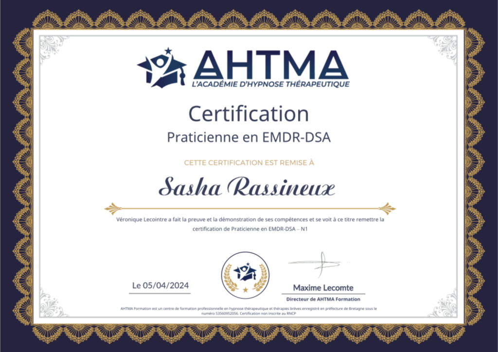 Sasha Rassineux - Certificat de Praticienne en EMDR-DSA