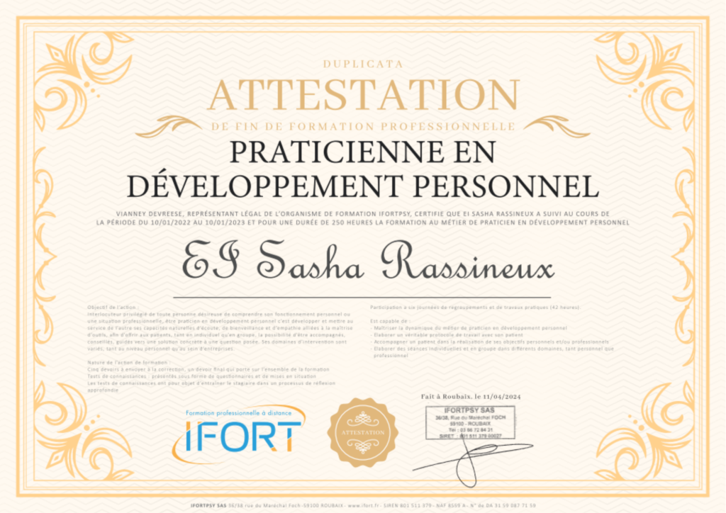 Sasha Rassineux - Certificat de Praticienne en Développement Personnel