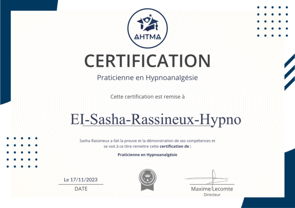 Sasha Rassineux - Certificat de Praticienne en Hypnoanalgésie