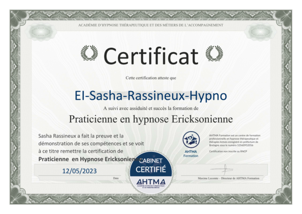 Sasha Rassineux - Certificat de Praticienne en Hypnose Ericksonienne